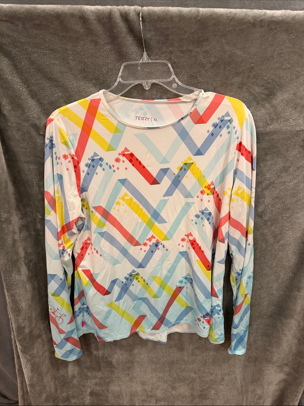 Terry Long Sleeve abstract Print Cycling Top in White & Blue